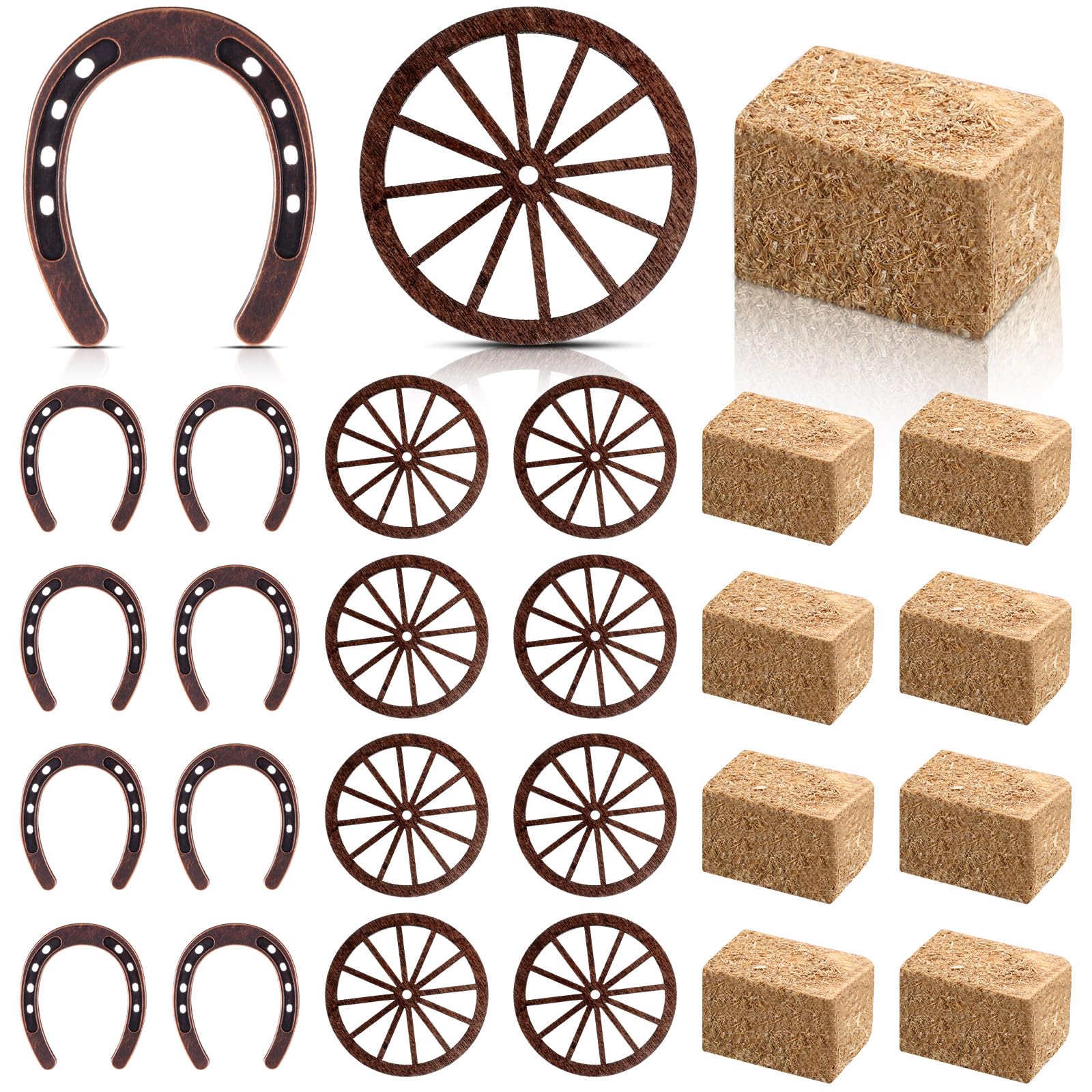 Photo 1 of Junkin Western Party Supplies Horseshoe Decor Wagon Wheel Crafts Mini Hay Bales Vintage Table Centerpieces for Lucky Horseshoe Wedding Party Favors Cowboy Birthday Decorations (24 Pieces)