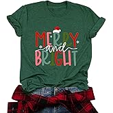 Christmas Shirts for Women Merry and Bright Shirt Cute Santa Hat Graphic T Shirt Short Sleeve Xmas Holiday Top Tees