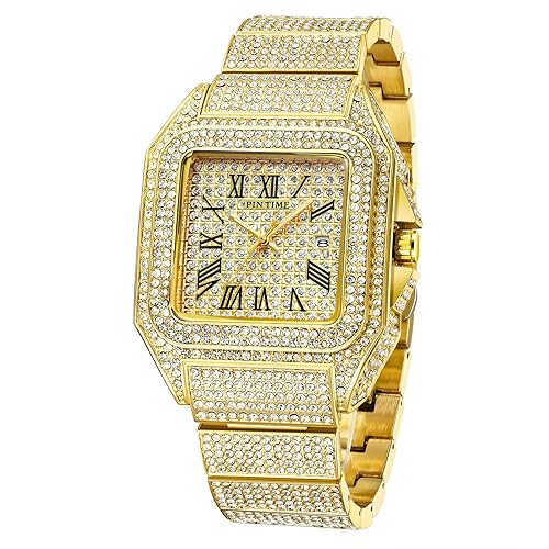 PINTIME Men's Gold Business Watch Fashion Crystal Watch Bling Iced