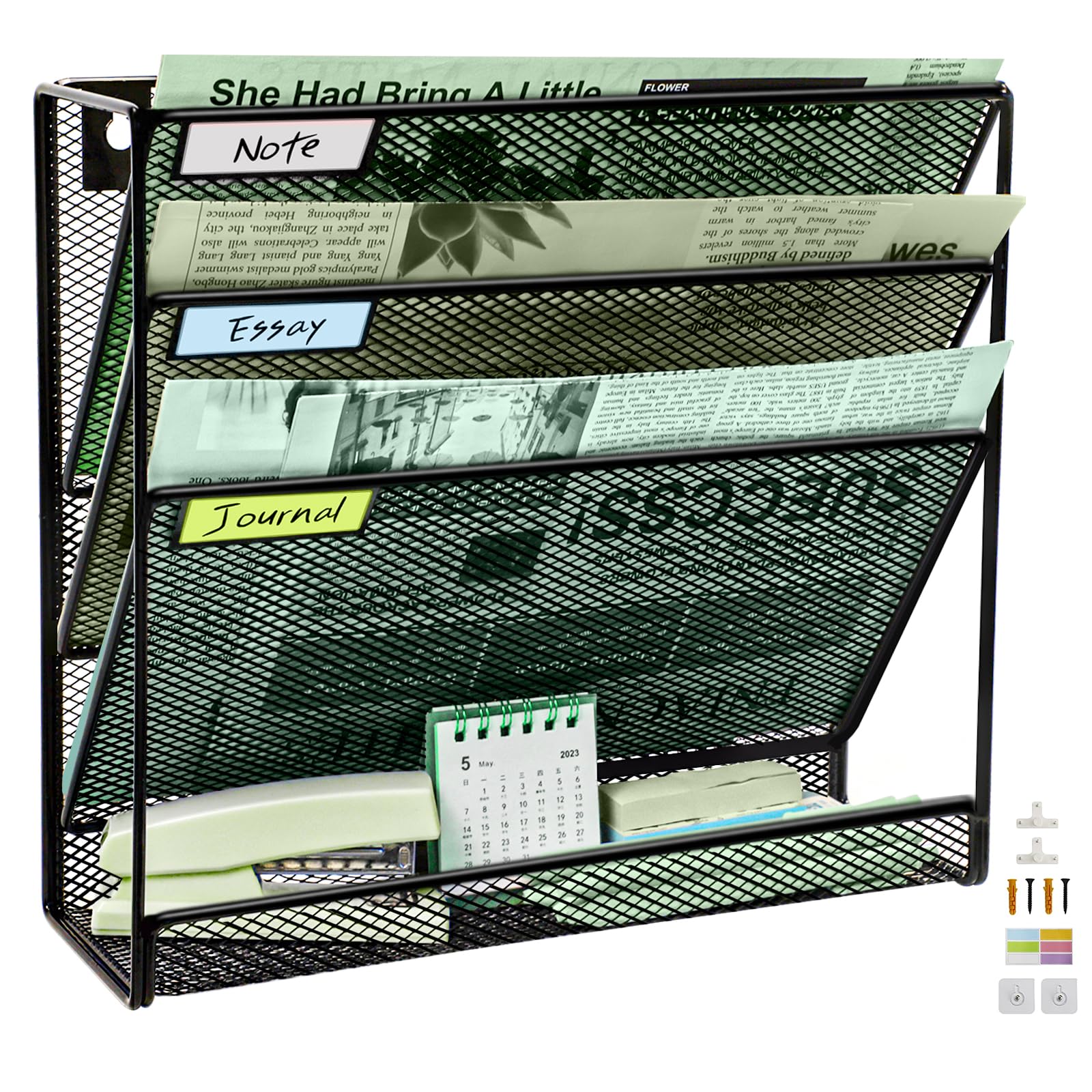 4 Tier Upgrade Mesh Wall File Holder Organizer with Bottom Flat Tray, Medium Mesh Vertical Hanging File Organizer, Office Hanging File Folder Magazine Rack, Nametag Label Hooks Set Included, Black