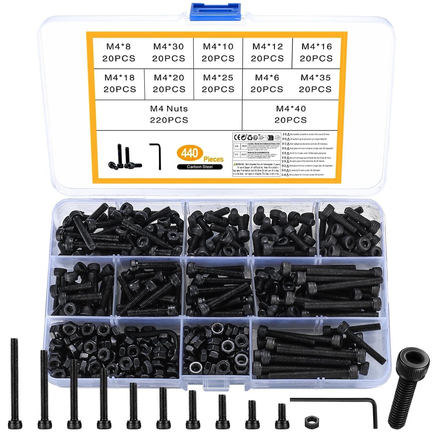 440-Piece M4 black Bolts and Nuts Set, Alloy Steel Allen Screws Bolts and Nuts Assortment Kit, Allen Machine Screws with 2-Piece Hex Wrench