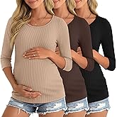 Neer 3 Pack Women's 3/4 Sleeve Maternity Shirts Ribbed Pregnancy Work Tops Quarter Sleeve Round Neck Maternity Clothes