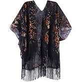MJ SERECA Women's Burnout Velvet Kimono Cardigan Cover Up with Tassel