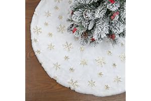 BUVANE Faux Fur Christmas Tree Skirt,48 inches Large Luxury Tree Skirt with Gold Snowflake Sequin, Christmas Decorations Holiday Thick Plush Tree Xmas Ornaments（White and Gold,48 Inch）