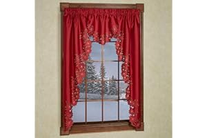 Touch of Class Christmas Poinsettia Luxury Window Treatment | Elegant Rich Red Polyester Satin 2 Piece Holiday Window Valance Set with 63 inch Long Swag Valance Pair and Ascot Valance