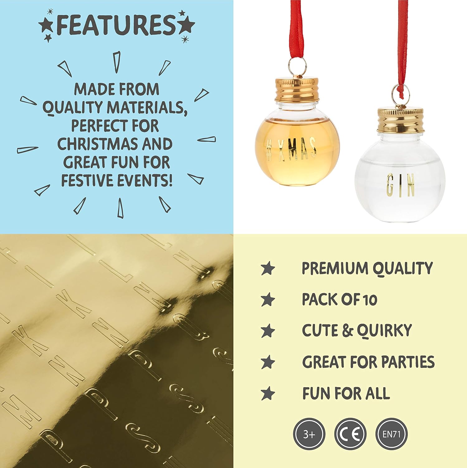 THE TWIDDLERS 10 Fillable Christmas Baubles for Alcohol, 50ml Clear Plastic Ornaments with Stickers - Image 4
