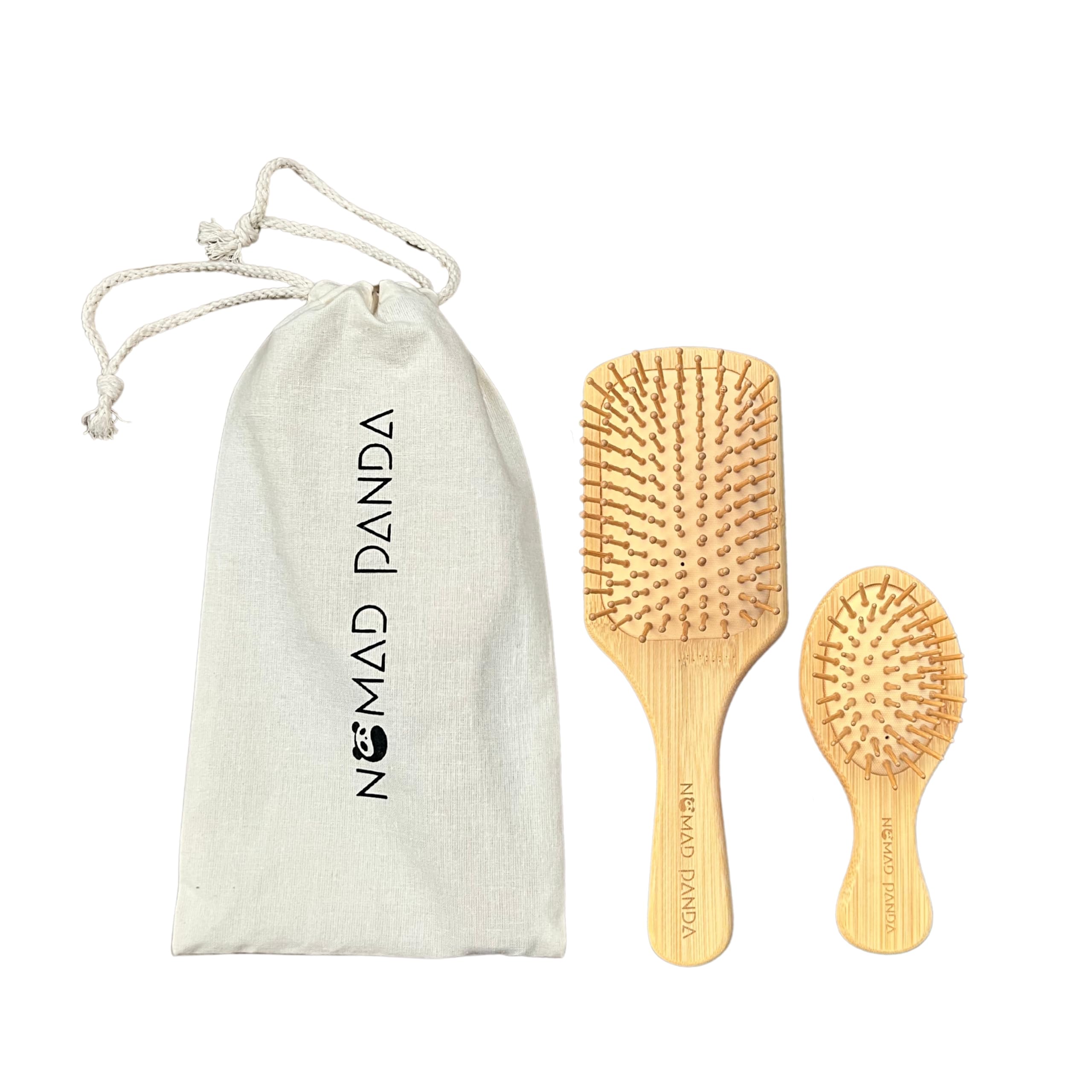 NomadPanda Natural Bamboo Hair Brush Set, Standard Bamboo Hair Brush Wood & Travel Brush. Sustainable, Biodegradable Hair Brush Set. Portable Hair Massage Brush for All Hair Types