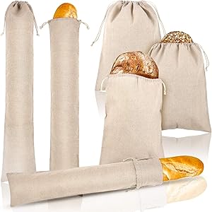 6 Pieces Linen Bread Bags Reusable Drawstring Bag Bread Storage Bag for Loaf, Baguette, Homemade Artisan Bread and More Food, 2 Sizes