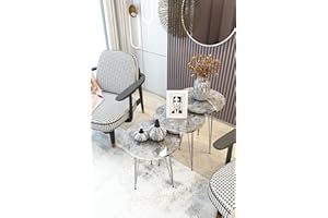 PAK HOME Set of 3 High Gloss Gray Marble Silver Legs Nesting End Tables Round Wood Stacking Coffee Side Accent Table with Metal Legs for Living Room, Home Office, Nightstands for Bedroom