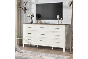 BAZELOR Farmhouse Dresser for Bedroom, 9 Drawers Dresser with Natural Texture, Wood Rustic Wide Chest for Bedroom, Hallway, Entryway, Antique White