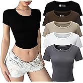 FMNNNN 5 Pack T Shirts for Women Crew Neck Short Sleeve Crop Tops Casual Basic Fitted Stretchy Tops Fashion Clothes