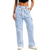 HVEPUO Womens High Waisted Cargo Pants Y2K Baggy Straight Leg Stretchy Jeans for Women Streetwear Trousers Pants 6 Pockets