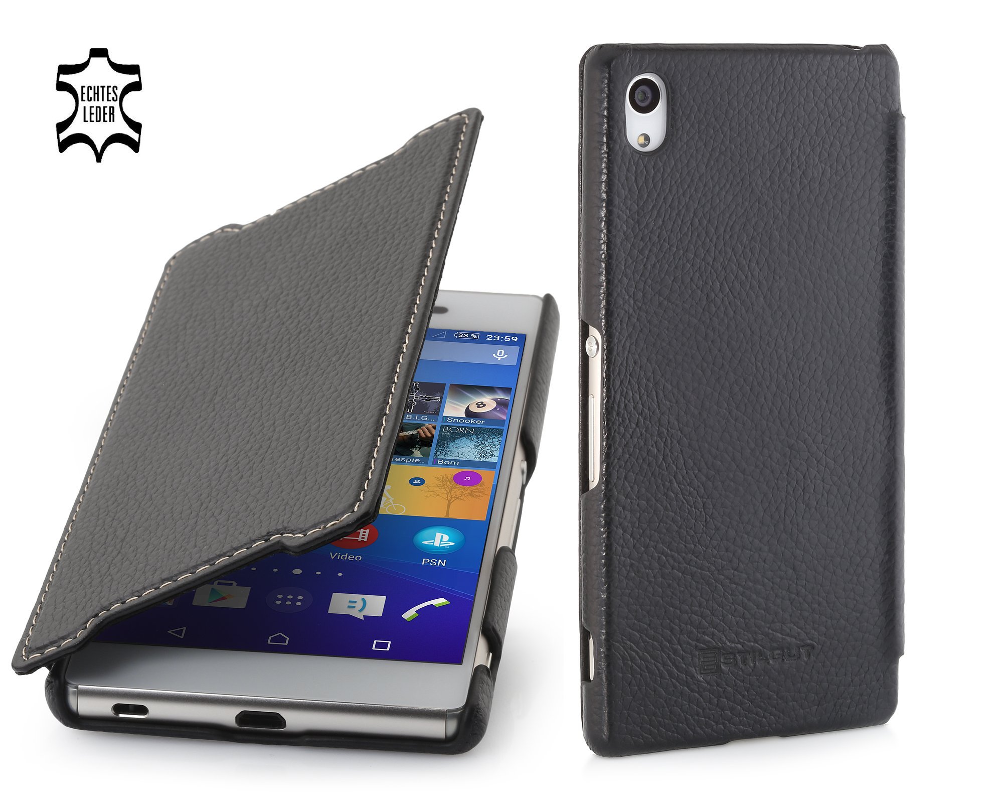 StilGut Book Type, Genuine Leather Case, Cover for Sony Xperia Z3+ (Z3 Plus), Black