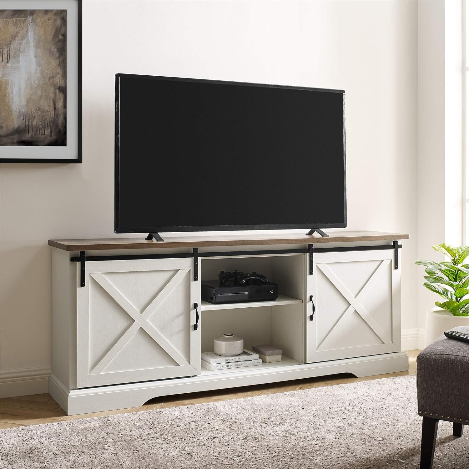 Walker Edison Nathaniel Modern Farmhouse Sliding X Barn Door Stand for TVs up to 80 Inches, Without Fireplace, White: Furniture & Decor