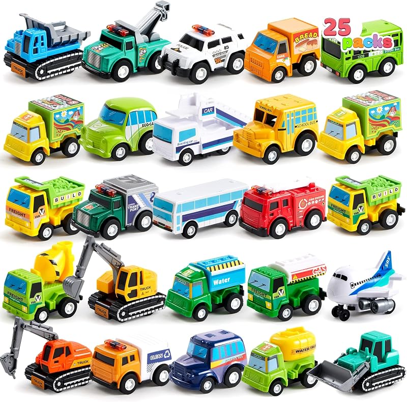 JOYIN 25 Piece Pull Back City Cars and Trucks Toy Vehicles Set