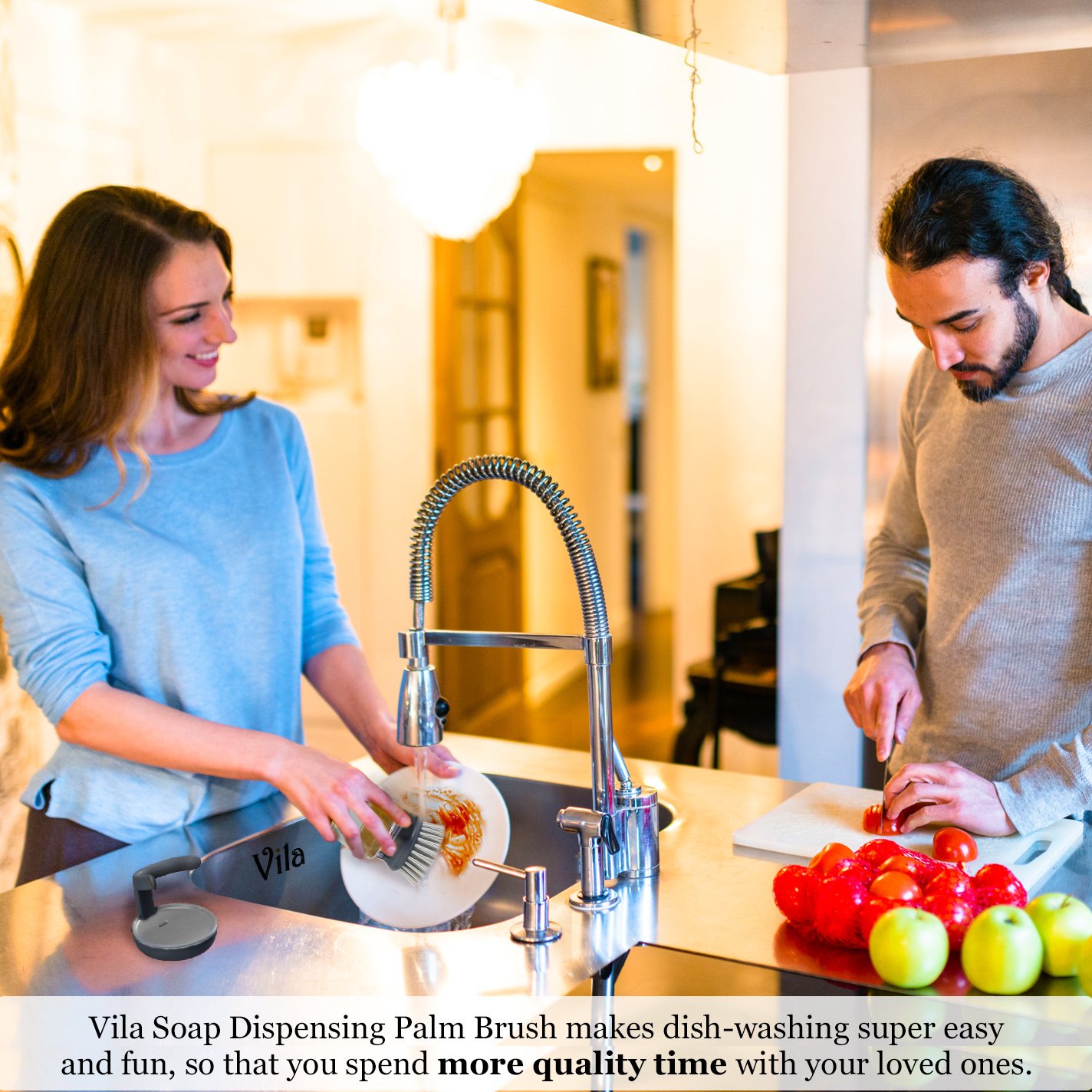 Soap Dispensing Palm Brush by Vila – Tough on Scrubbing Grease Away - Keeps Your Kitchen Counter Tidy - Makes Dishwashing an Enjoyable, Relaxing Chore - Comfortable & Stress-Free dishwashing
