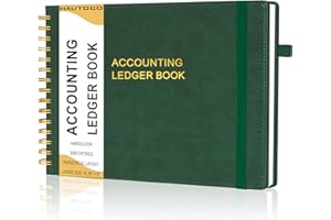 HAUTOCO Hardcover Accounting Ledger Book for Small Business Bookkeeping Horizontal Money Expense Tracker Notebook with 2 Storage Pouch, Personal Columnar Log Journal 10.78 x 8'', Dark Green