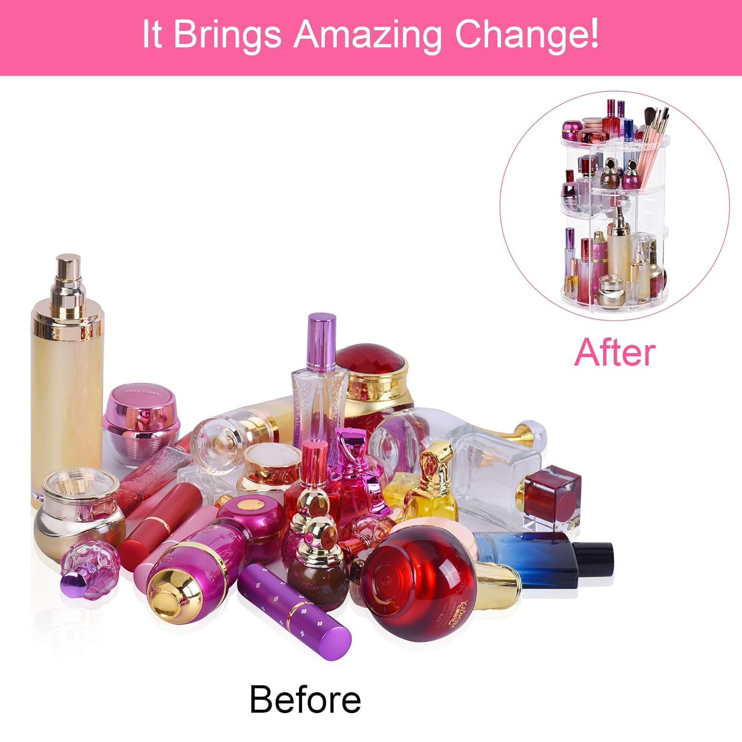 Easyhouse 360° Rotating Makeup Organizer, Adjustable Multi-Function Cosmetic Storage Organizer, Large Capacity Jewelry Perfumes Display Stand Box (Clear): Beauty
