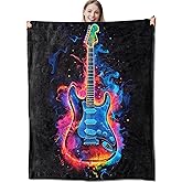 CUEBOS Neon Electric Guitar Flannel Throw Blanket 50x60 Inch, Colorful Fire and Musical Instrument Design Blankets Soft Cozy Fleece Throws for Music Lover Bed Sofa Dorm Living Room Decor Gifts