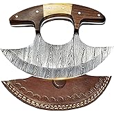 SHARDBLADE Alaskan Ulu Knife with Sheath, Handmade Forged 6" Damascus Steel Pizza Cutter Rocker Knife with Non-Slip Wooden Handle, Premium Food Salad Chopper Knife, Traditional Inuit Eskimo Ulu Copper
