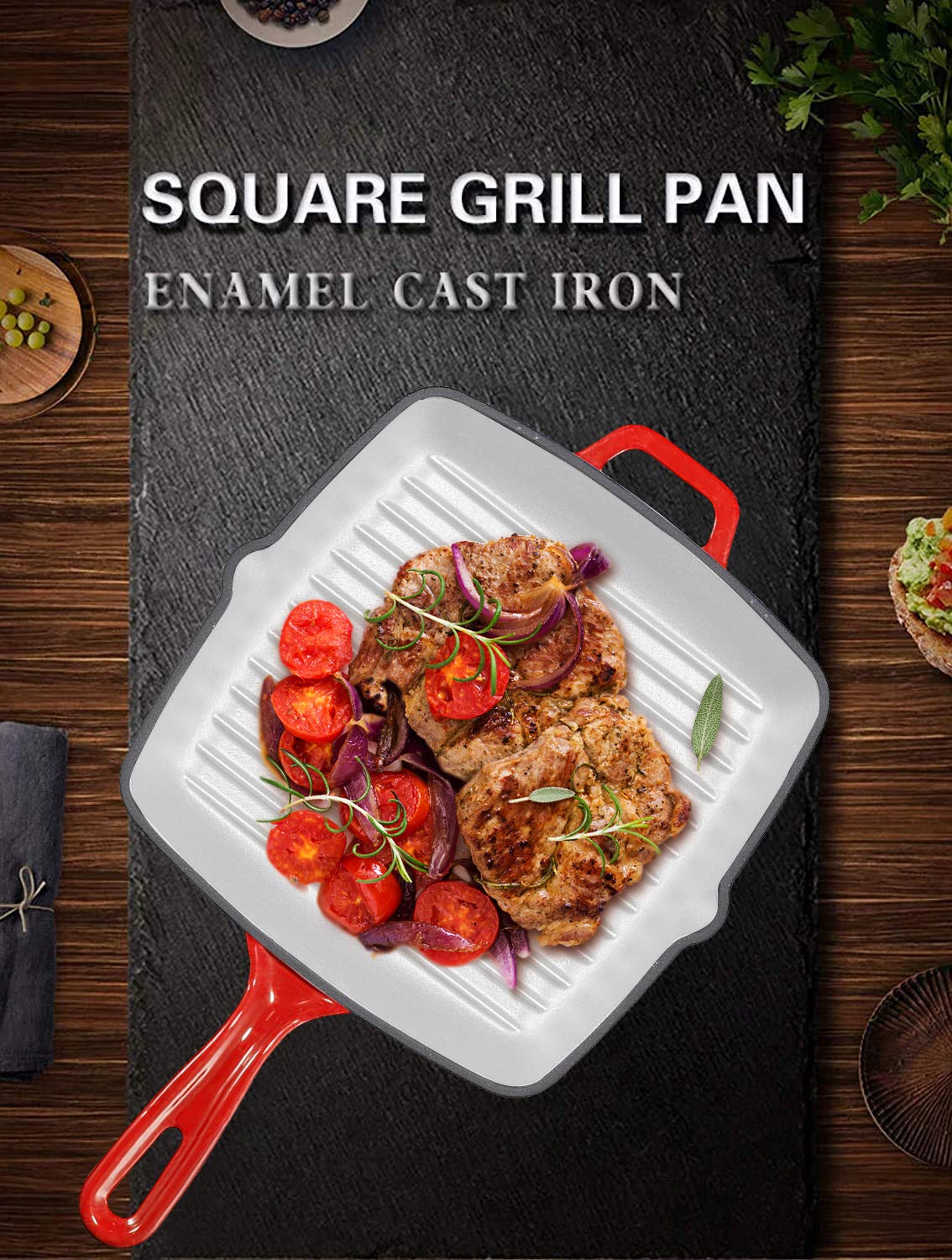 Bruntmor Pre-Seasoned 10 Inch Red Square Cast Iron Pan | Indoor Grill | Cast iron Skillet Flat Top Grill with Easy Grease Draining for Grilling Bacon, Steak, and Meats, Stove, Fire and Microwave Safe