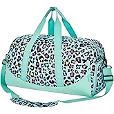 Choco Mocha Duffle Bag Kids Girls - Cheetah Leopard Overnight Bags for Kid with Shoes Compartment, Cute Weekender Bag for Sleepover Travel, Teal
