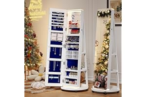 HWB 360 Swivel Standing Full Length Mirror Jewelry Cabinet with Lights, Jewelry Armoire Storage and Floor Stand up Jewelry Holder Organizer Box with Rear Storage Shelves