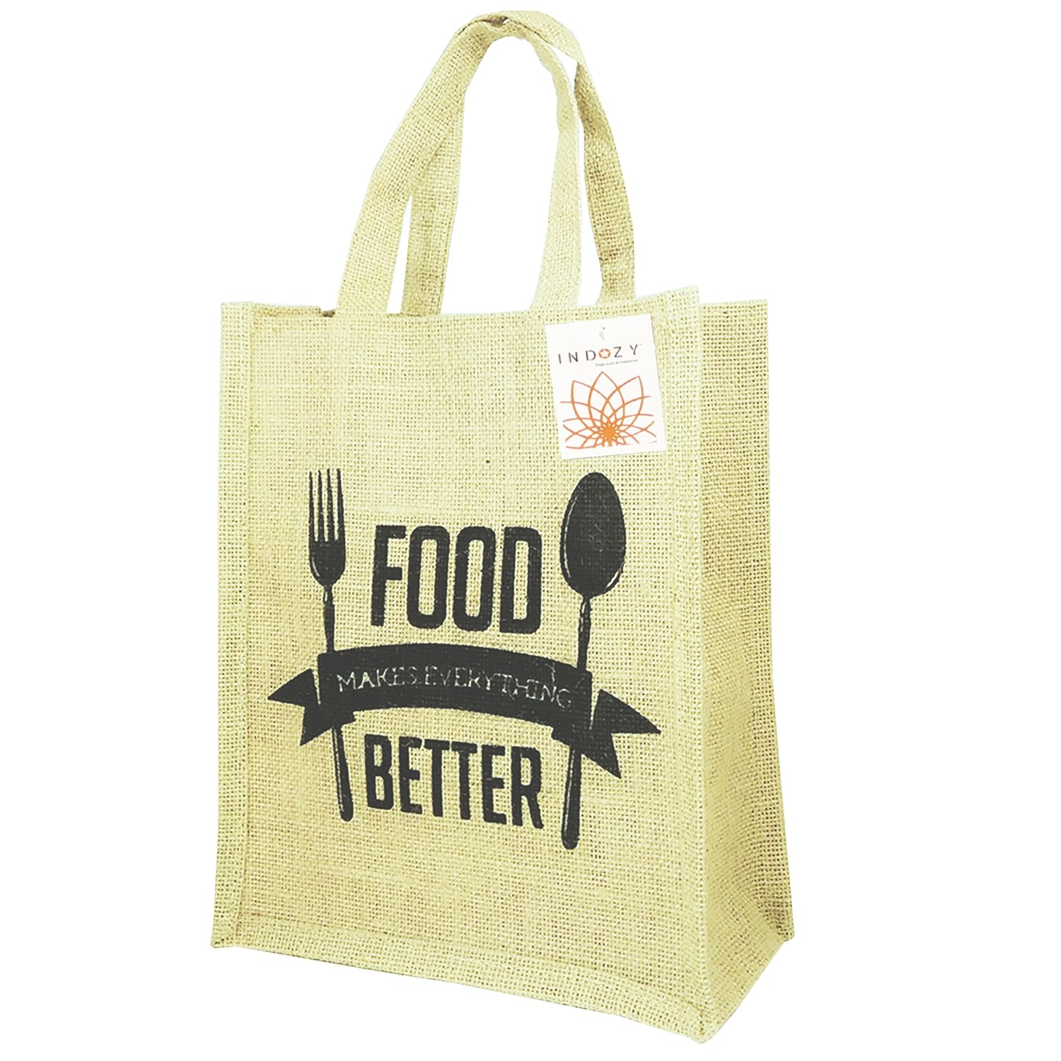 INDOZY Jute Lunch Bag with Zip, Bottle Holder and Spoon Pockets, Beige