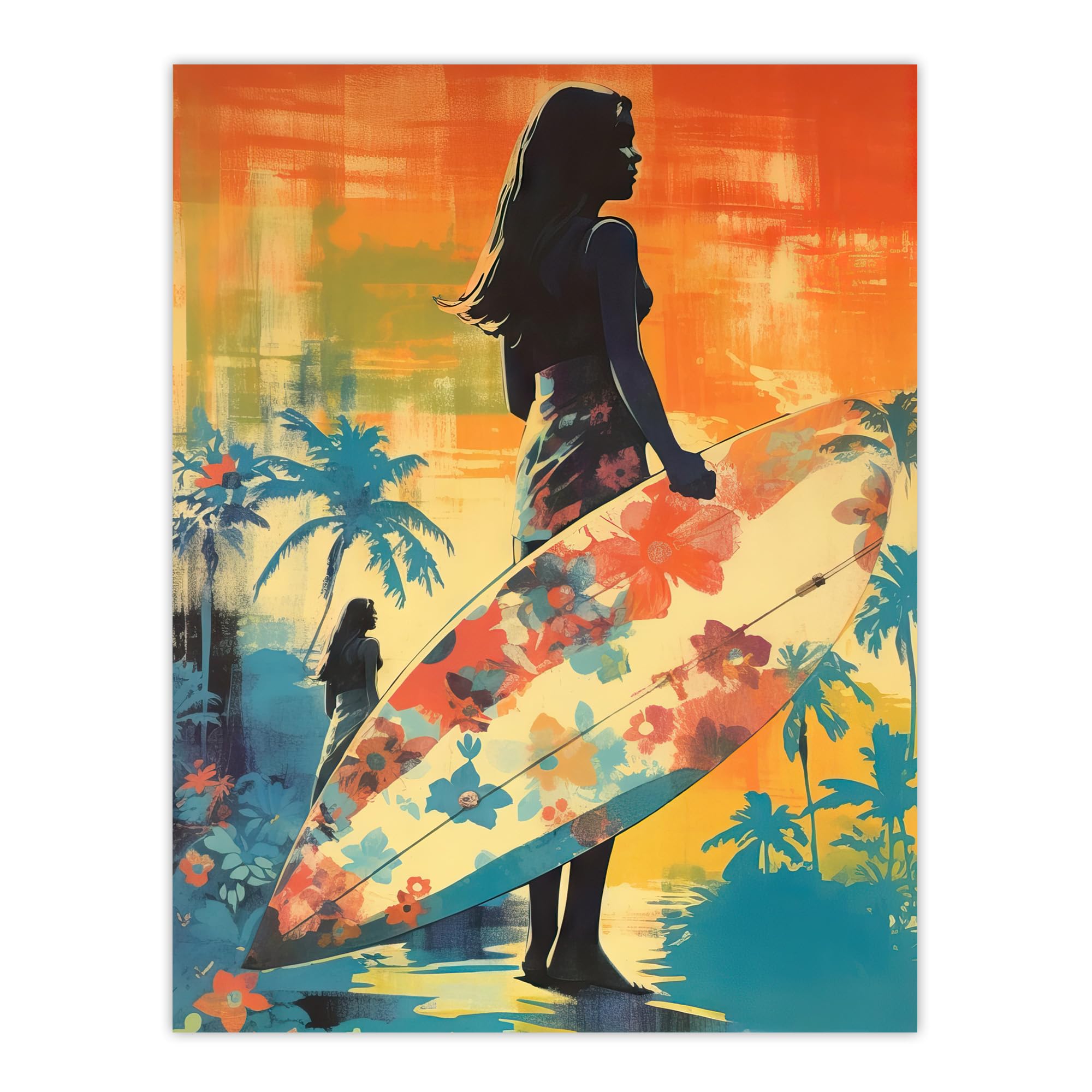 Artery8 Hawaiian Surf Print Retro Palm Tree Floral In Blue And Orange Vibrant Bold Bright Colourful Painting Large Wall Art Poster Print Thick Paper 18X24 Inch