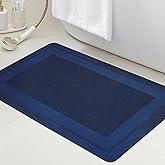 Ultra Thin Bath Mat, Upgrade Backing Non Slip Thin Bath Mats Fit Under Door, Quick Dry Ultra Absorbent Bathroom Rugs, Machine Washable Bath Rugs for Bathroom, Bathtub, Dark Blue/Bordered/36"x24"