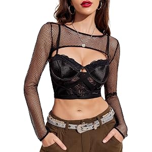 Avidlove Women Fishnet Long Sleeve Crop Top See Through Shirt Sheer Blouse | Fishnet,Crew Neck,Long Sleeve,See Through,Sheer,
