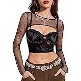 Avidlove Women Fishnet Long Sleeve Crop Top See Through Shirt Sheer Blouse Sexy Outfits