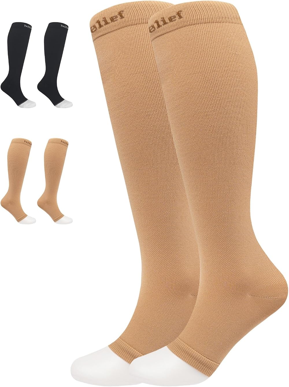 360 Relief 2 Pairs Compression Socks Open Toe 15-20 mmHg Beige XXL