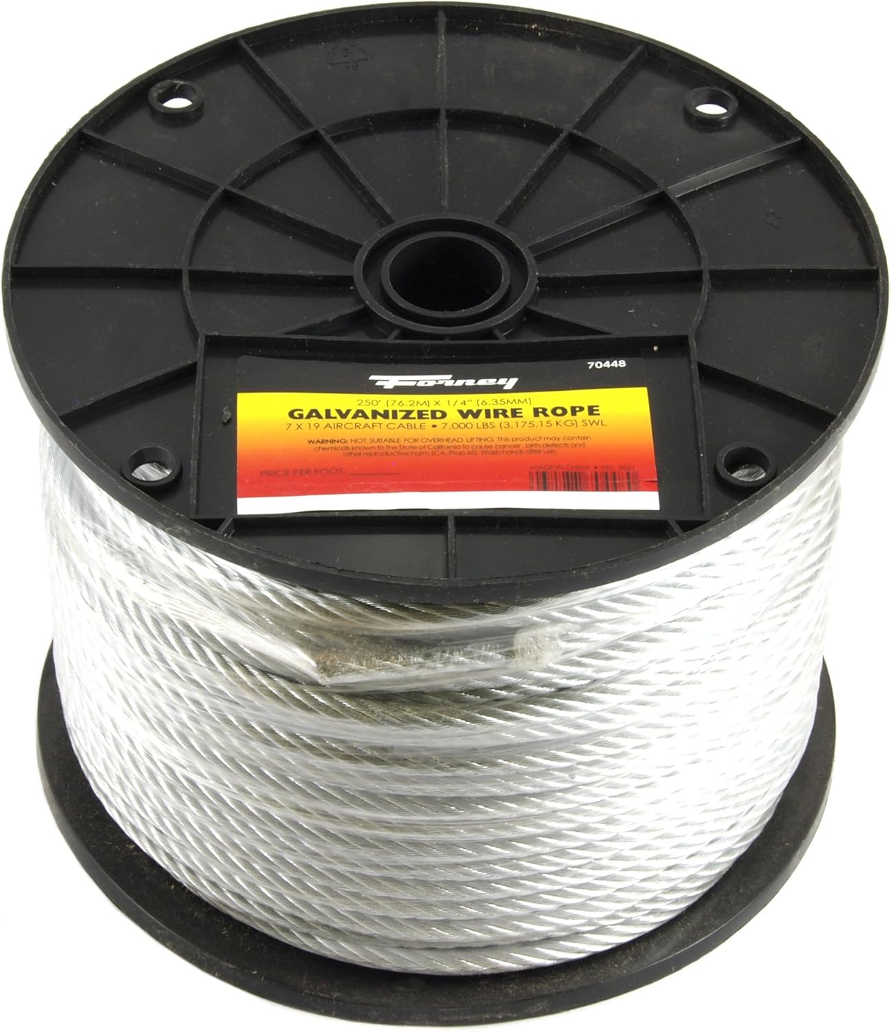 Forney 70448 Wire Rope, Galvanized Aircraft Cable, 250-Feet-by-1/4-Inch