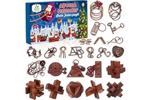 VEWICOKOP Advent Calendar 2025 Brain Teaser for Kids & Adults - 24 Days of Metal Puzzle Ring & Wooden Toy Games, Christmas Countdown with Mind IQ Logic Challenges, Unlock Interlock Gift for Boys Girls Teens