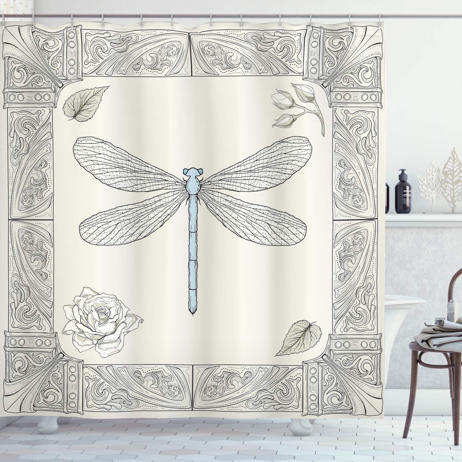 ABAKUHAUS Dragonfly Shower Curtain, Hand Drawn Royal Style Rose Petals Leaves and Ornate Design, Cloth Fabric Bathroom Decor Set with Hooks, 94" Inches, Black Pale Blue