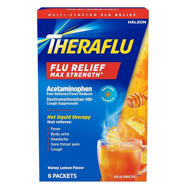 THERAFLU MAX STRENGTH DAYTIME FLU MEDICINE FOR FLU SYMPTOM RELIEF WITH ACETAMINOPHEN AND DEXTROMETHORPHAN HBR, HONEY LEMON FLAVORED – 6 POWDER PACKETS
