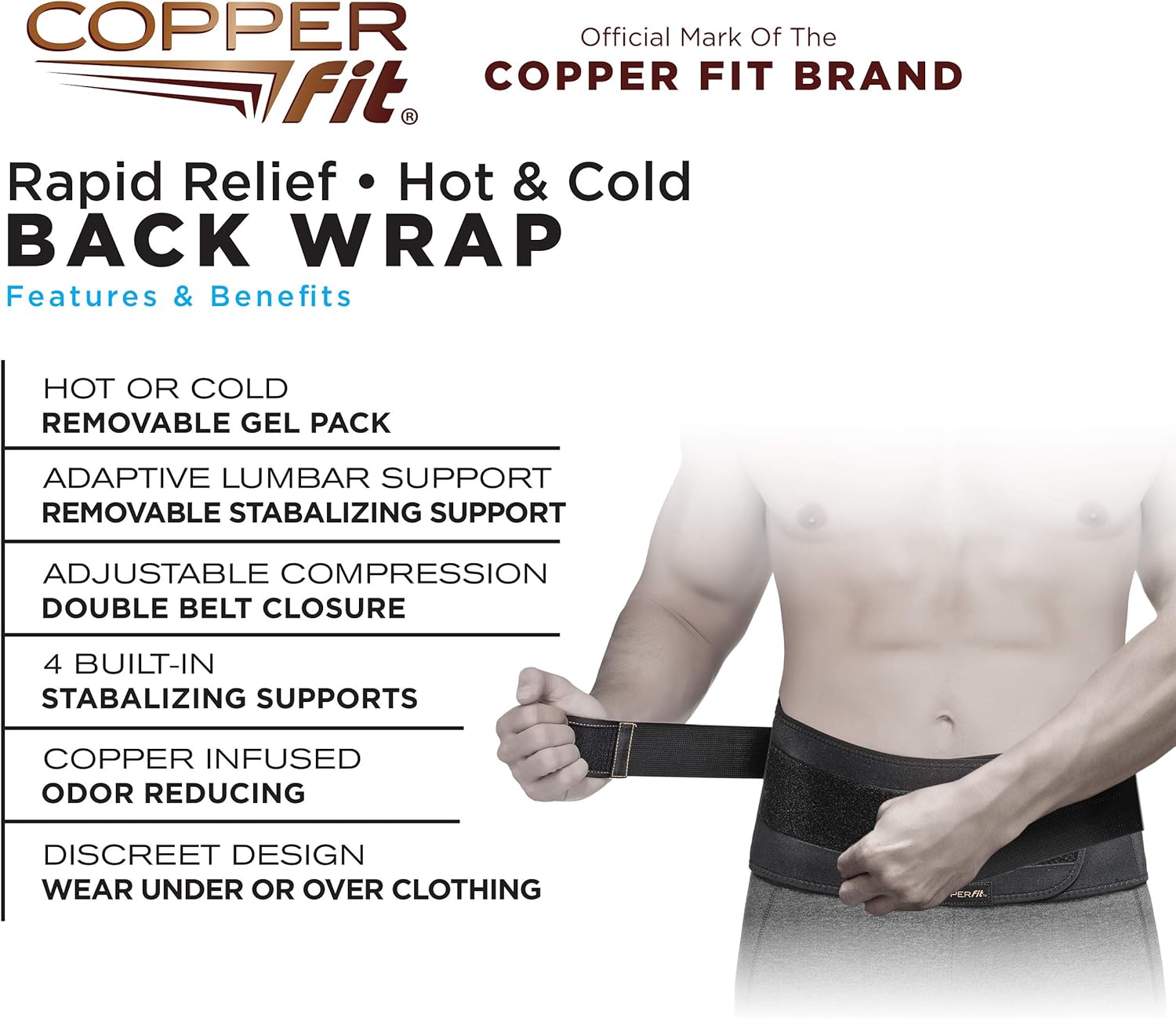 Copper Fit Men's Rapid Relief Back Support Brace with Hot/Cold Therapy, Black, One Size: Clothing