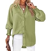 Bellcoco Women's Button Down Shirts Puff Sleeve Oversized Blouses Boyfriends Loose Tunics Casual Work Tops with Pocket(Avocado Green Shirt XL