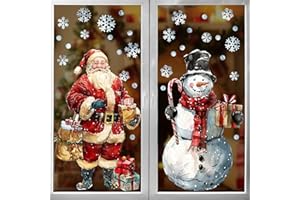 Ivenf Christmas Window Clings Decorations: 2 Sheets Extra Large Santa Claus Snowman Window Clings with Snowflakes, Watercolor Rustic Xmas Stickers for Kids Home Office School Winter Holiday Décor
