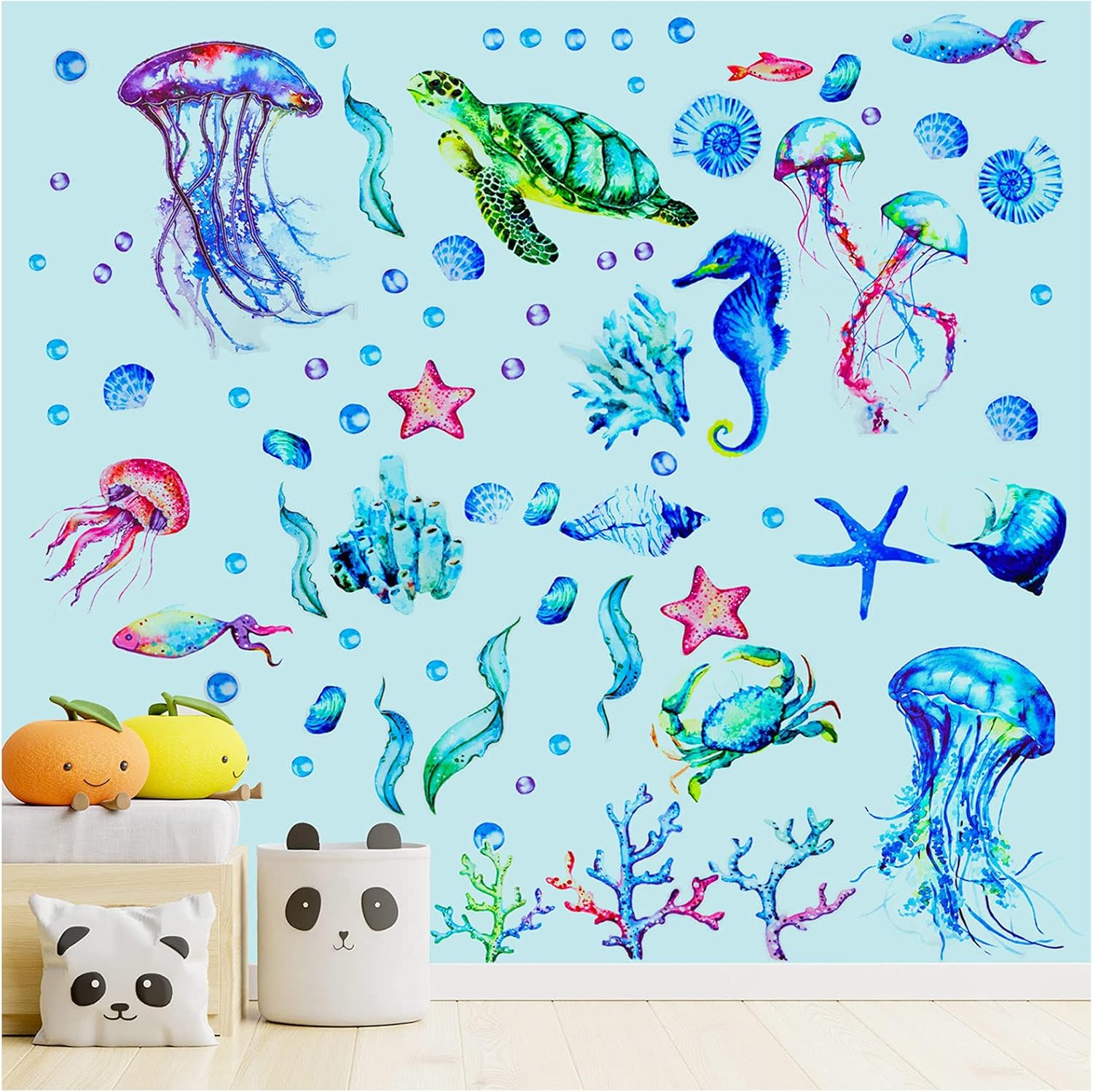 Ocean Themed Wall Decals - 71 Pcs Removable Waterproof Self-Adhesive Under the Sea Wall Decals, Ocean World Jellyfish Turtle Tropical Fish Decals for Kids Bedroom Bathroom Playroom Wall Decor (3 Sheets)