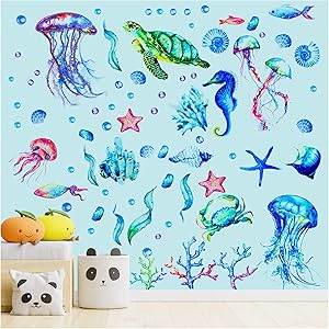 Ocean Themed Wall Decals - 71 Pcs Removable Waterproof Self-Adhesive Under the Sea Wall Decals, Ocean World Jellyfish Turtle Tropical Fish Decals for Kids Bedroom Bathroom Playroom Wall Decor (3 Sheets)