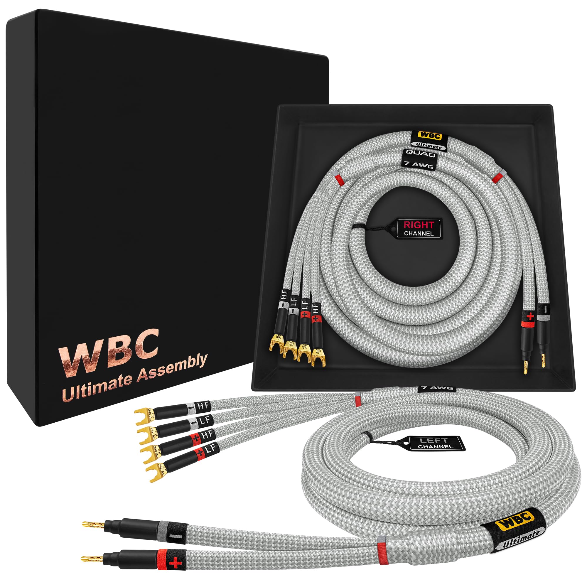 WORLDS BEST CABLES 3 Meter ULTIMATE - 7 AWG - Ultra-Pure OFC – Extra Premium Audiophile HiFi Bi-Wire Speaker Cable Pair with Eminence Gold Banana (x2) & Spade (x4) Plugs & Silver Tweed Jacket