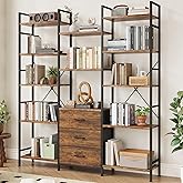 AFLUI Triple Bookshelf with 3 Fabric Drawers, 5-Tier Book Shelf and 10 Display Shelves, Industrial Large Bookcase for Home & Office, Rustic Brown, 47'' Wide