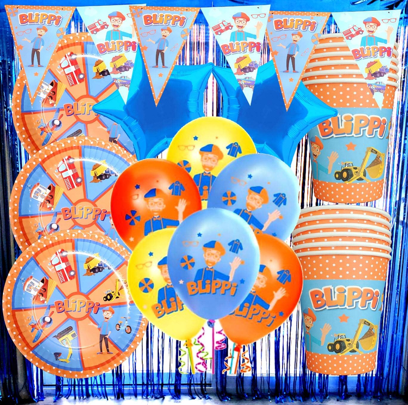 5PC BLiPPI PARTY SET CURTAINS BANNER SET CUPS + PLATES SET DESSERT PLATES CAKE PAPER PLATES FOR BIRTHDAY