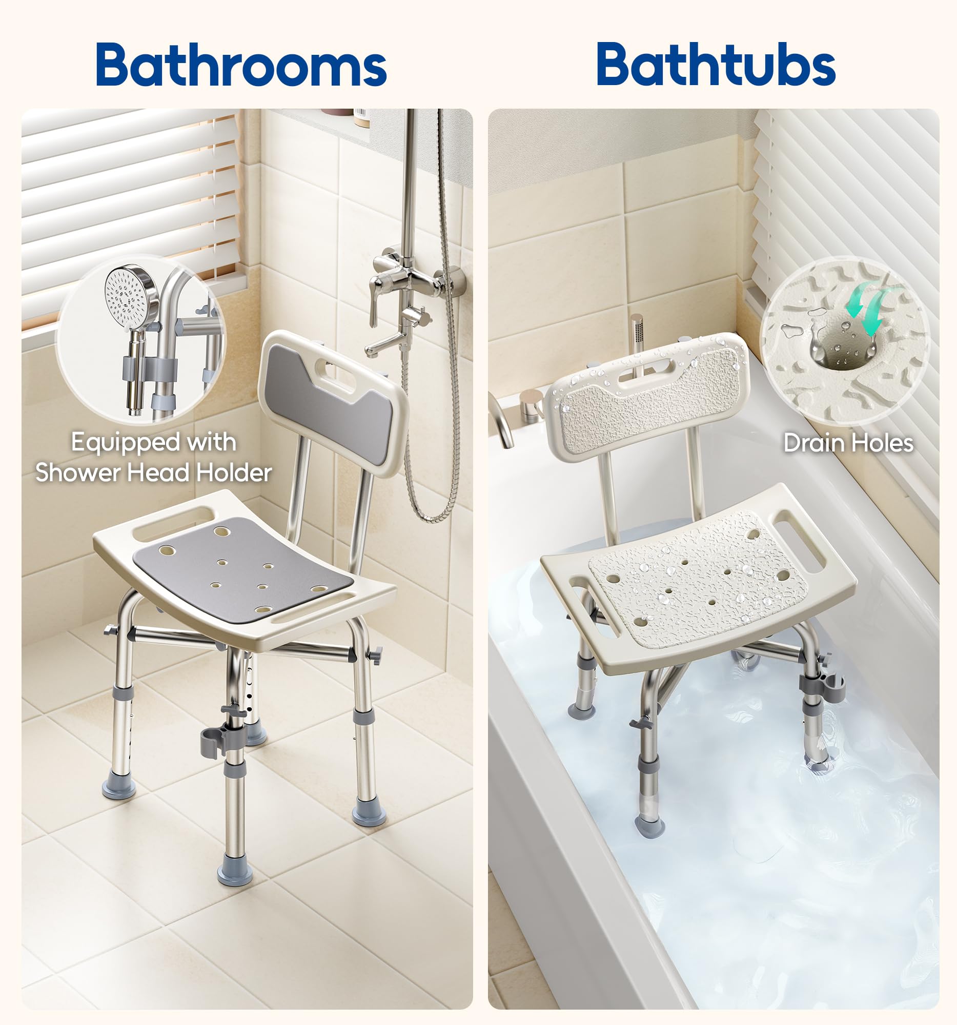 Shower Chair with Back for Elderly and Disabled, Shower Seat Bench Stool, Adjustable Height, 350 lbs Capacity, FSA/HSA Eligible, Rectangular