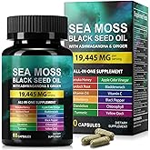 Sea Moss Black Seed Oil Ashwagandha Ginger, Sea Moss Capsule Supplement with Turmeric Burdock Root Bladderwrack Vitamin C Vitamin D3 Enhanced Immunity &amp; Energy Black Seed Oil Capsule 60 Count