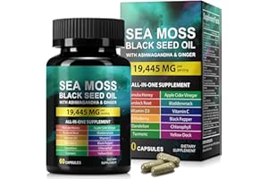 HUYEHF Sea Moss Black Seed Oil Ashwagandha Ginger, Sea Moss Capsule Supplement with Turmeric Burdock Root Bladderwrack Vitamin C Vitamin D3 Enhanced Immunity & Energy Black Seed Oil Capsule 60 Count