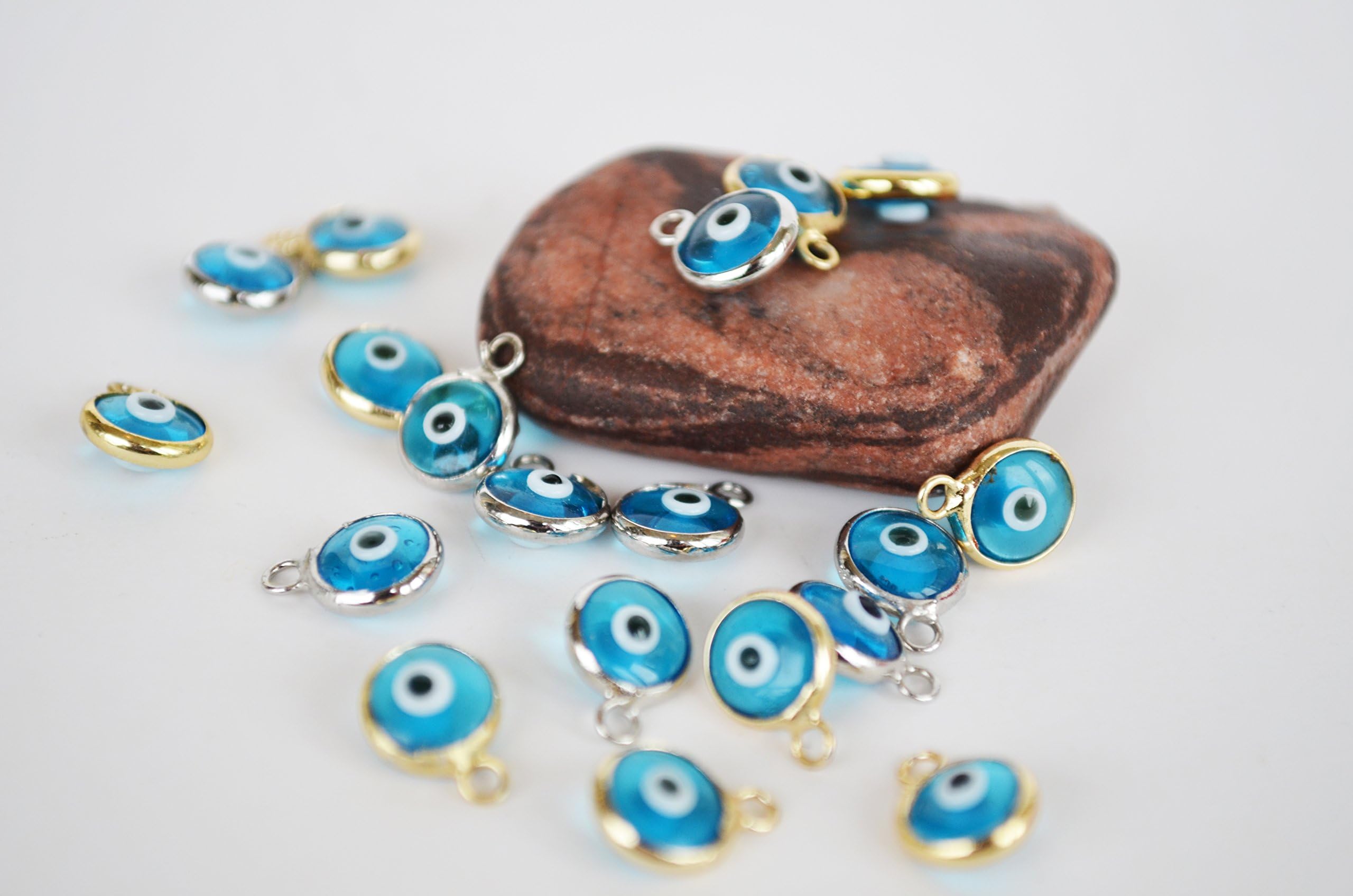 Turquoise Mini Evil Eye Charms 8 Mm Set of 10 Connectors for Jewelry Making Charms (Silver Color Frame)