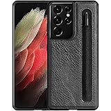 CloudValley for Galaxy S21 Ultra 5G Case with S Pen Holder, Slim Soft TPU and Leather Hybrid Pen Slot Case - Black